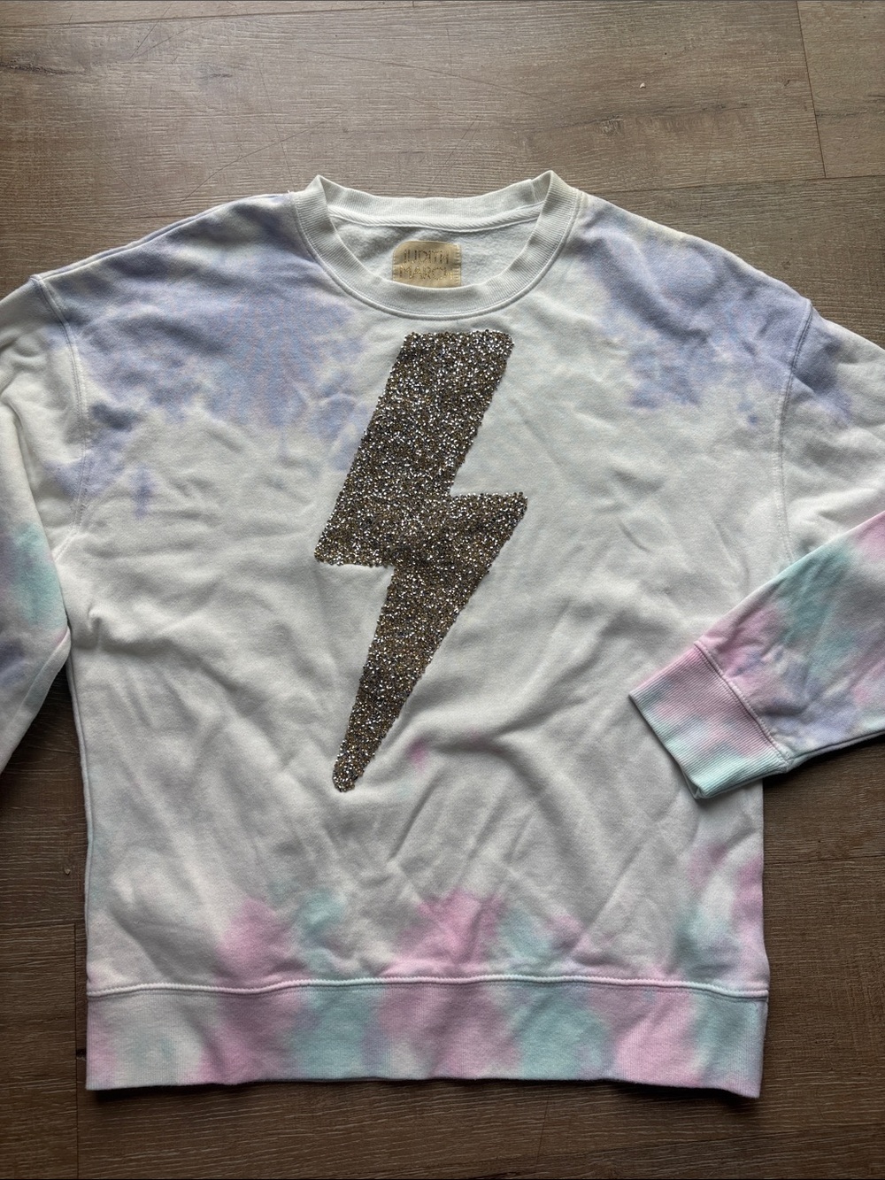 Judith March White Tie-Dye Sweatshirt with Glitter Lightning Bolt